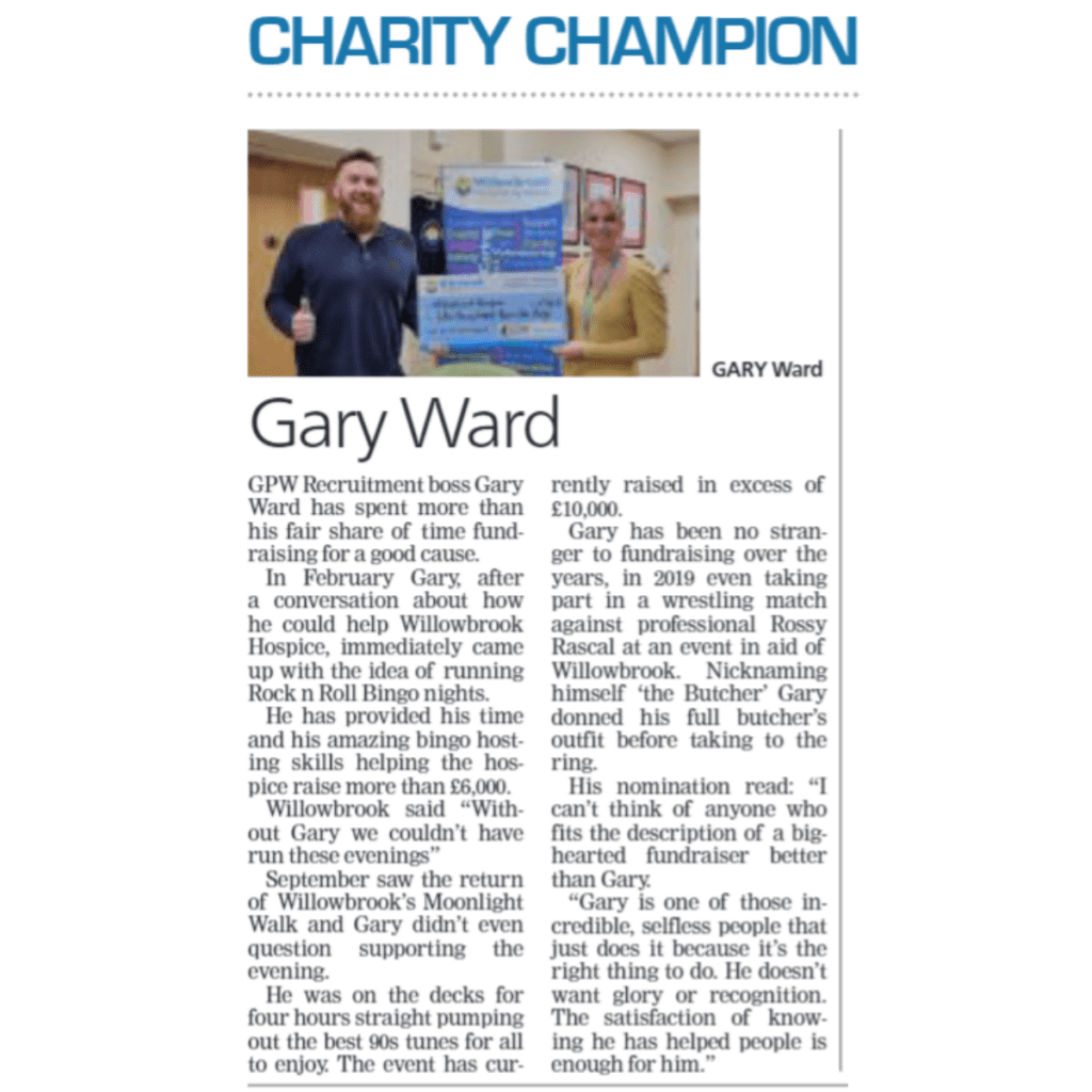 Gary Ward at GPW Recruitment received a Pride of St. Helens 2022 charity champion award nomination